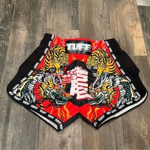 TUFF MUAY THAI BOXING SHORTS RETRO STYLE Red Chinese Dragon & Kickboxing MMA.